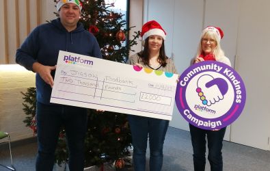 Photo caption: Platform’s Customer Voice Panel member, Megan Morgan (centre) is pictured presenting the donation to Steve Bagnall, Operations Manager at Church in the Peak (left) and Ruth Longfellow, Jigsaw Foodbank Coordinator (right). 