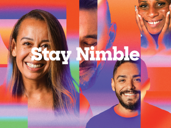 Stay Nimble hero graphic of happy people on a coloured background