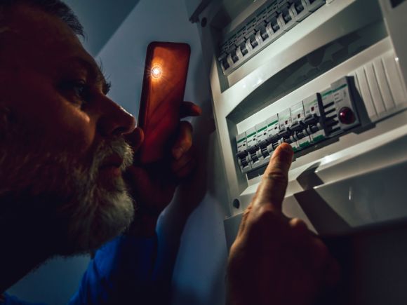 Man checking a switchboard with the light of his phone during a power cut
