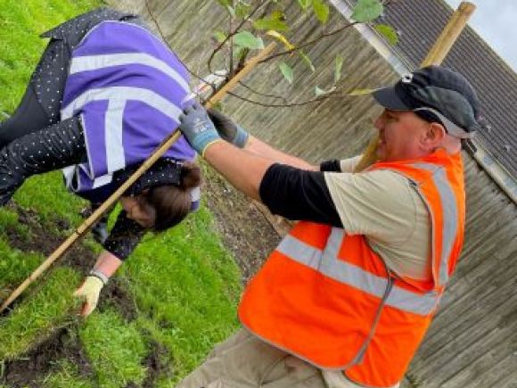 Two people in high vis vests planting a tree