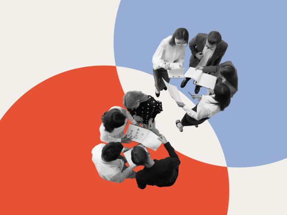 Two groups of people in Red and Blue circles working on projects