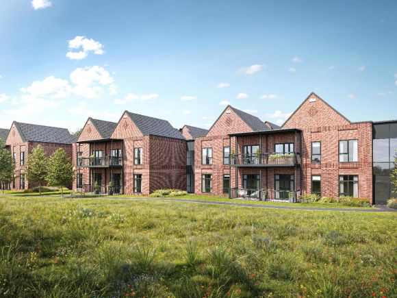 Computer-generated image of modern red-brick apartment buildings with balconies, set around a landscaped green space with grass and young trees.
