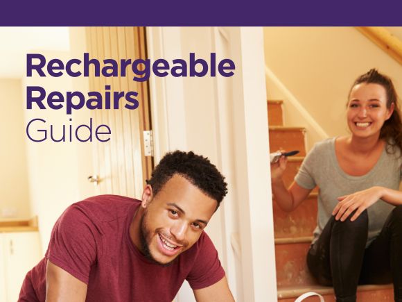 Front cover image of the Platform Rechargeable Repairs Guide, with an image of a happy couple with a man measuring flooring and a woman sat on stairs painting a door frame.