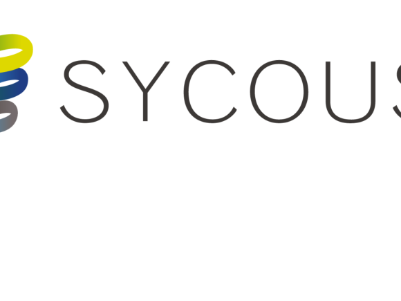 Sycous billing provider logo. twirling ribbon of Yellow fading to green, blue and finally Grey. The name SYCOUS is written to the right of the ribbon. above the S is the 'R' registered trademark logo.