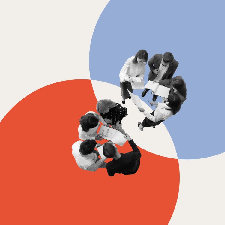 Two groups of people in Red and Blue circles working on projects