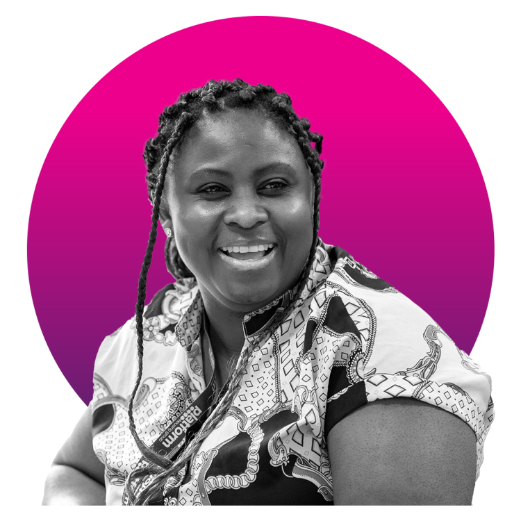 Join our team hero image of a smiling woman in front of a Pink/Purple circle