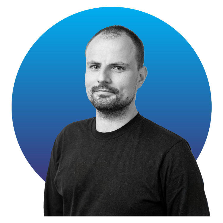 Man in a black top against a blue circle background