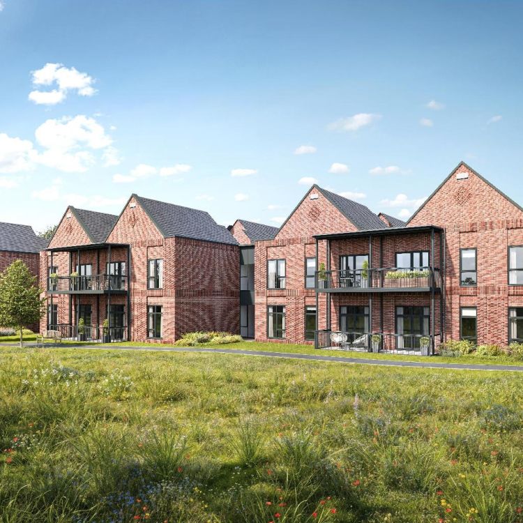 Computer-generated image of modern red-brick apartment buildings with balconies, set around a landscaped green space with grass and young trees.