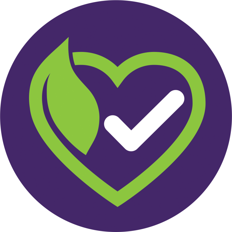 Green heart containing a green leaf and white check mark on a purple circular background