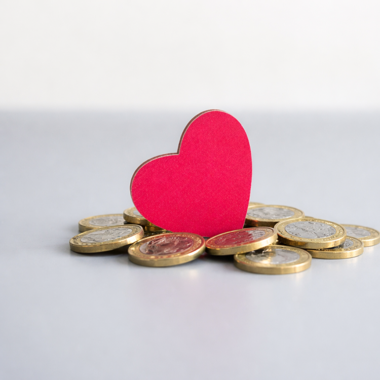 A bright pink heart-shaped cut-out stands among scattered one-pound coins on a smooth grey surface, with a plain softly blurred background.