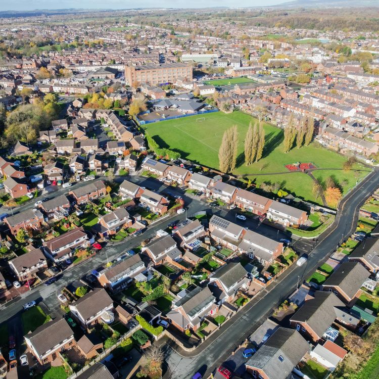 Aerial view of traditional housing estate in England. 