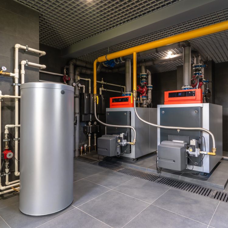 Heat network plant room with large boilers, a hot water storage tank and pipework used to produce and circulate heat to connected homes.