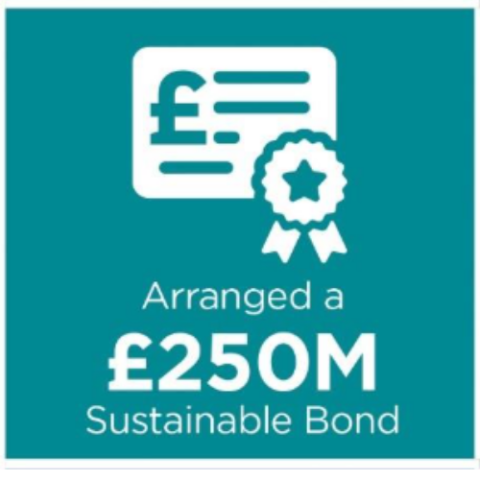 Certificate with a pound symbol and award ribbon, representing a £250 million sustainable bond arranged.