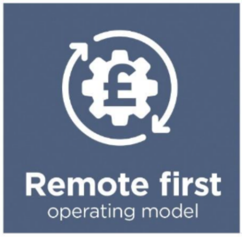 Gear with a pound symbol inside and circular arrows around it, representing a remote first operating model.