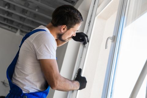A tradesman installing a new window frame in a property