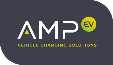 Amp EV Vehicle Charging Solutions logo, showing the AMP wordmark with a green EV icon and the strapline “Vehicle Charging Solutions”.