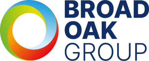 Broad Oak Group logo, with an abstract circular ring on the left made from overlapping curved bands in green, yellow, blue, orange and red. To the right, the words “BROAD OAK GROUP” appear in large dark blue capital letters, stacked over three lines.