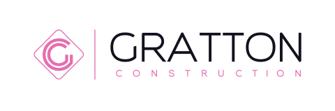 Gratton Construction logo featuring a pink stylised “G” within a diamond-shaped outline, separated by a vertical pink line from the company name “GRATTON” in large dark lettering, with “CONSTRUCTION” shown below in spaced pink capitals.