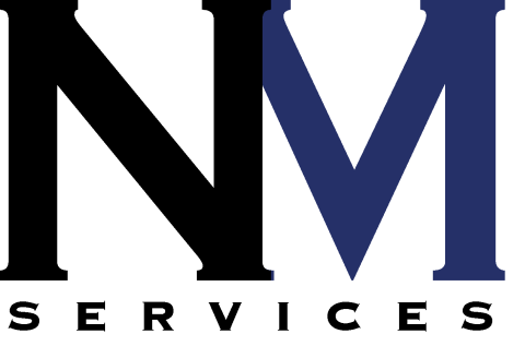 National Maintenance Services (NM Services) logo. A black capital N attached to a dark blue M above the word services