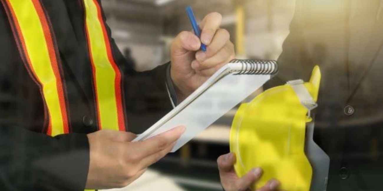 Home safety inspection writing in a notebook
