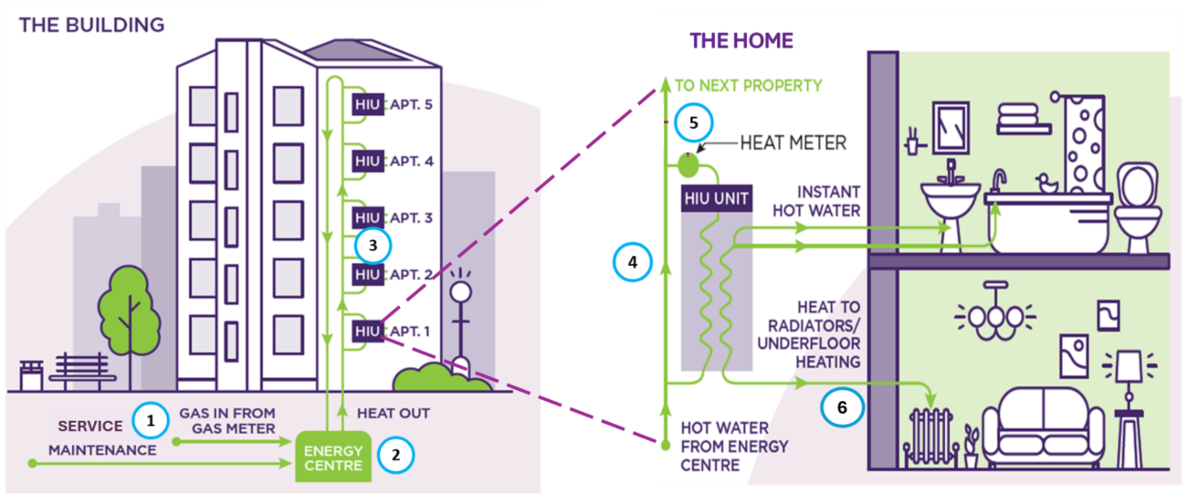 Diagram showing how a Platform heat network works. Heat is made in a central energy centre and sent through insulated pipes to homes. In each home, a Heat Interface Unit (HIU) transfers the heat to radiators, underfloor heating and hot water. Unused heat then returns to the energy centre.