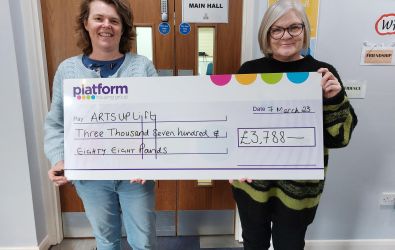 Photo caption (left to right): Jenny Davis, Founder and Director of ArtsUplift is pictured with Platform’s Community Engagement Officer, Sam Church receiving the £3,788 Community Chest Funding.