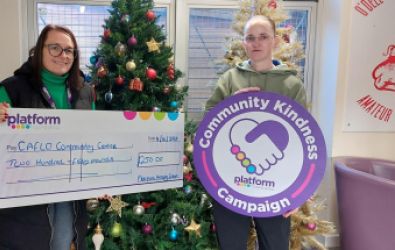 : Platform’s Director of New Customers and Specialist Housing, Sarah Sutton is pictured presenting one of the two, £250 Community Kindness donations to CAFLO Centre Manager, Tina O’Dell
