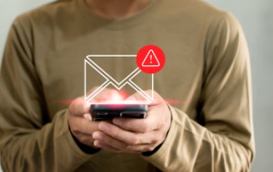 scam message alert on mobile phone screen in person hand